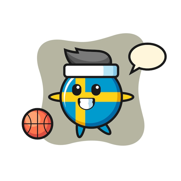 Illustration of sweden flag badge cartoon is playing basketball