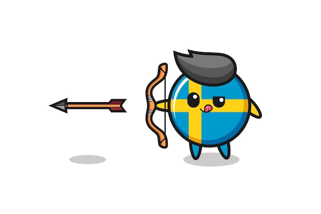 Illustration of sweden flag character doing archery cute design