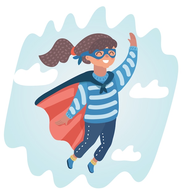 Illustrazione della dolce bambina in un costume da super eroe volare nel cielo.