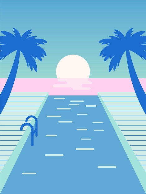 Illustration of a Swimming pool scene with sea and ocean. Flat design vector illustration eps 10.