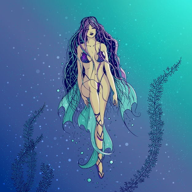  illustration of a swimming sea mermaid with long beautiful hair. the girl water-nymph with the fins and the swimsuit squama enjoying the water element. freehand drawing.