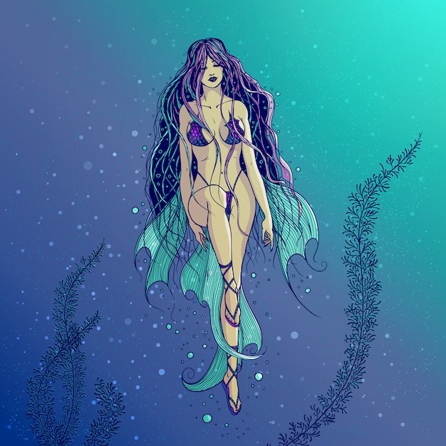 Illustrazione di una sirena di mare nuoto con bei capelli lunghi. la ragazza ninfa dell'acqua con le pinne e il costume da bagno squama che si godono l'elemento acqua. disegno a mano libera.