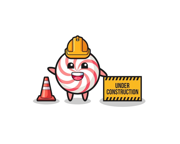 Vector illustration of swirl lollipop with under construction banner cute design