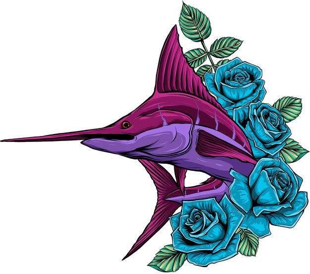 illustration of sword fish with roses