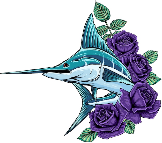 illustration of sword fish with roses