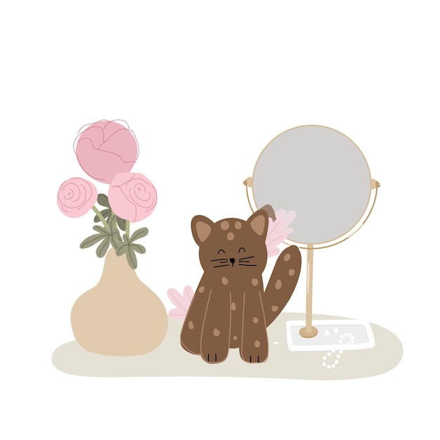 テーブルの上のイラストは、茶色の猫、牡丹の花瓶、漫画風の鏡です。