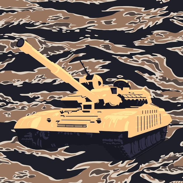 Illustration of a tank in paint color on a tiger camo background