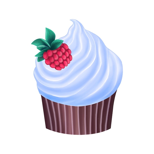 Illustration of tasty cupcake with blue cream and strawberry isolated on white background Vector illustration