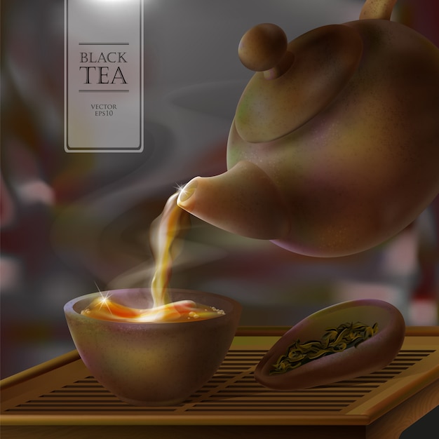 다도의 그림입니다. 주전자에서 맛있는 음료가 가득합니다. 주전자, 그릇 및 홍차 잎