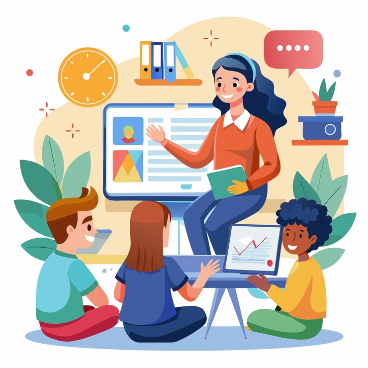 Vector illustration of teachers and students studying online
