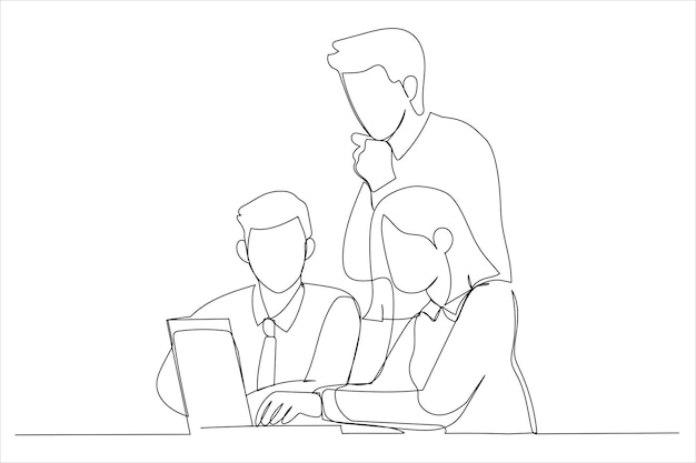 Vector illustration of team of three coworkers one line art style