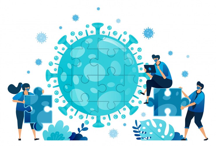illustration of teamwork and brainstorming to solve problems and find solutions during the covid-19 virus pandemic.