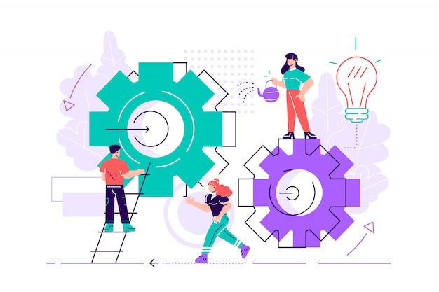 Vector illustration. teamwork on finding new ideas. little people launch a mechanism, search for new solutions.  creative work. flat style  illustration for web page, social media, documents.