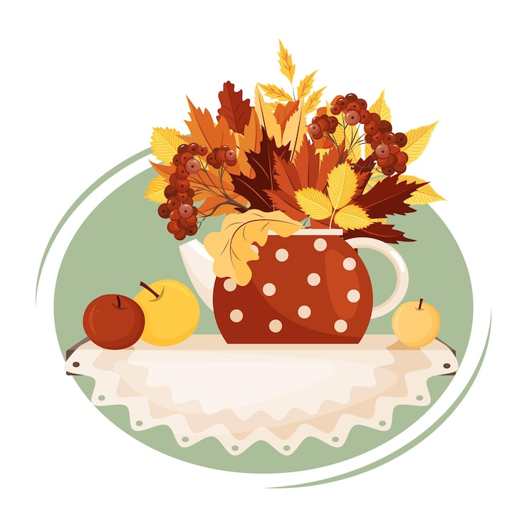 Vector illustration of a teapot with a bouquet of autumn leaves and ripe apples