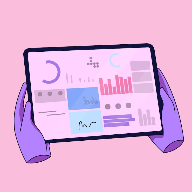 Vector illustration of technological hands holding a tablet with technology and big data concept