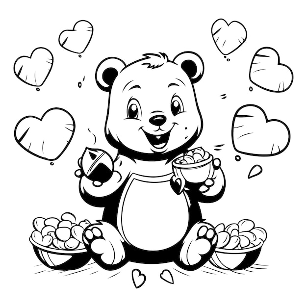 Illustration of a Teddy Bear Holding a Cup of Coffee with Hearts Around him