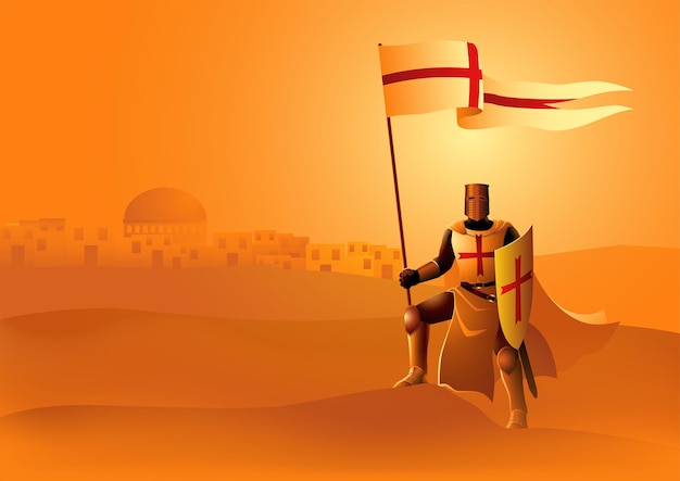 Illustration of Templar Knight holding a flag and shield