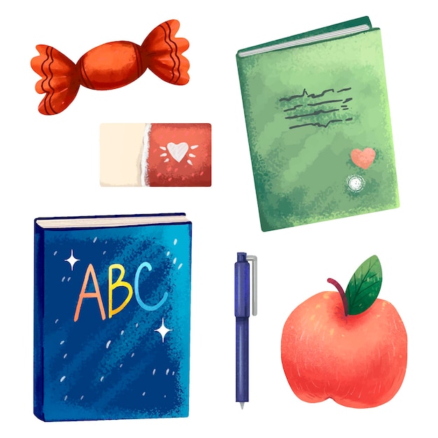 Libri di illustrazione, quaderno, mela, gomma, caramelle, penna, ritorno a scuola