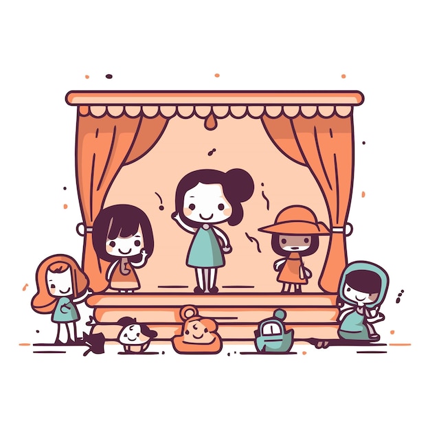 Illustration of a theatre with kids in line art style