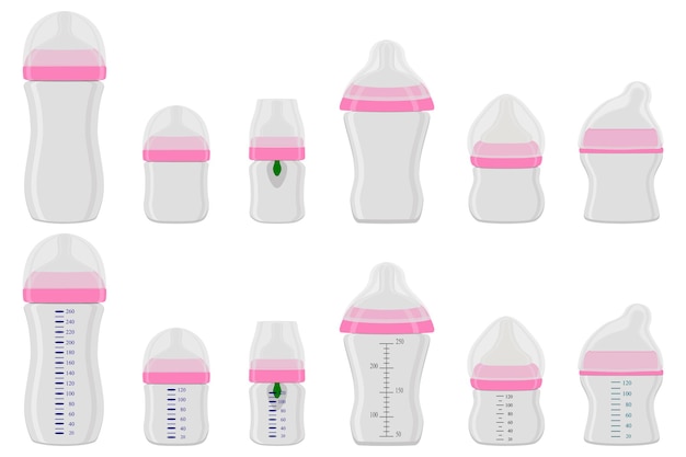 Vector illustration on theme big colored kit baby milk in bottle with rubber pacifier
