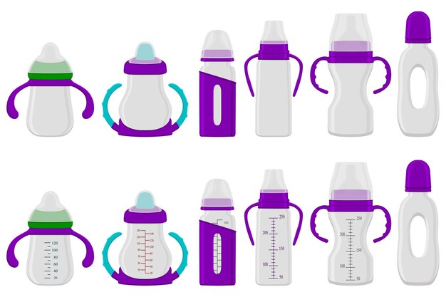 Vector illustration on theme big colored kit baby milk in bottle with rubber pacifier