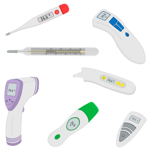Иллюстрация на тему большой цветный набор различных типов термометров для больницы