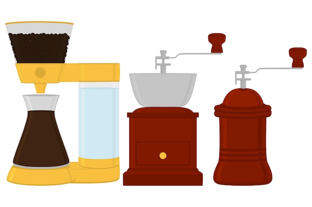Illustration on theme big colored set different types wooden coffee mill different size grinders Mill pattern consisting of collection accessory to coffee grinder in kitchen Coffee mill as grinder