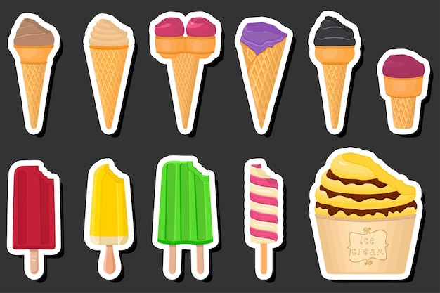 Illustration on theme big kit ice cream popsicle different types in cone waffle cup