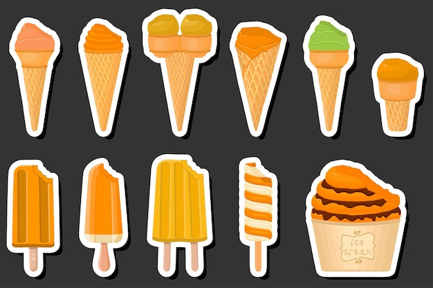 Vector illustration on theme big kit ice cream popsicle different types in cone waffle cup
