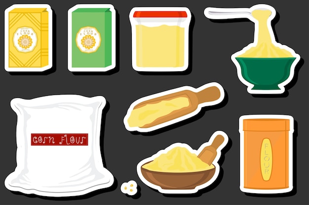 Vector illustration on theme big set different types dishware filled corn flour