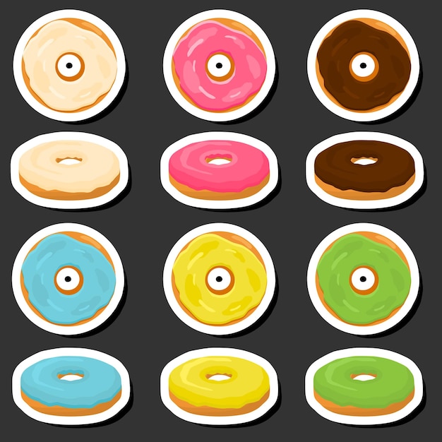 Illustration on theme big set different types sticky donuts sweet doughnuts various size