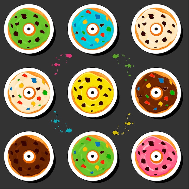 Illustration on theme big set different types sticky donuts sweet doughnuts various size