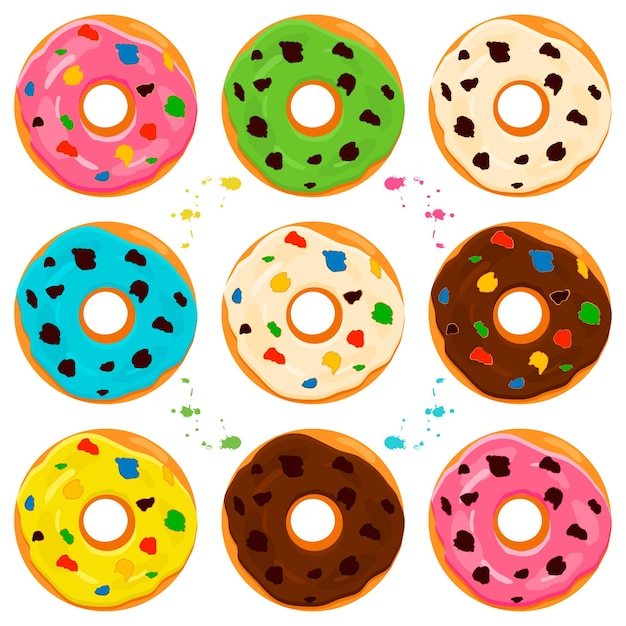 Illustration on theme big set different types sticky donuts