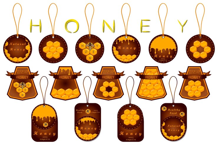 Vector illustration on theme for big set label of sugary flowing down honey in honeycomb