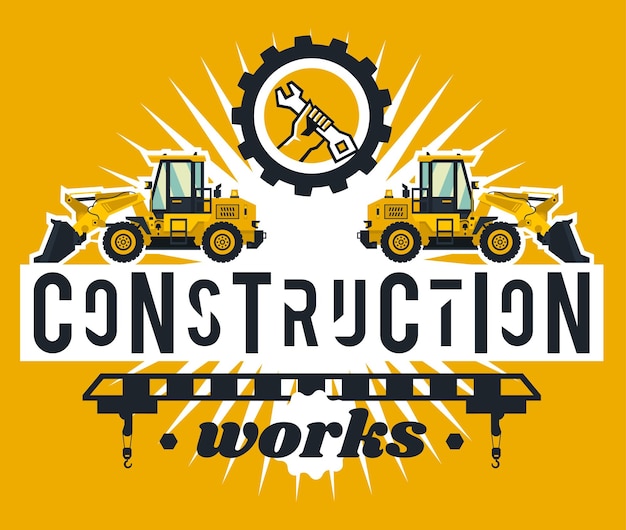 Illustration on the theme of the construction works construction machinery special equipment lettering on the isolated background frontend loader logo hand holding a wrench flat style