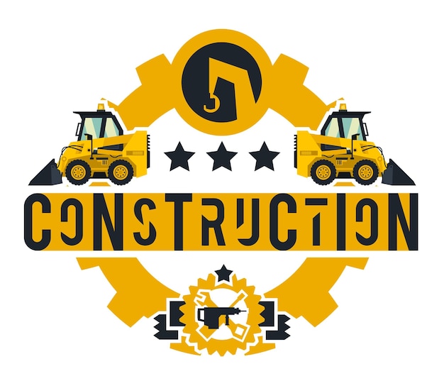 Illustration on the theme of the construction works construction machinery special equipment lettering on the isolated background mini loader logo working tools flat style