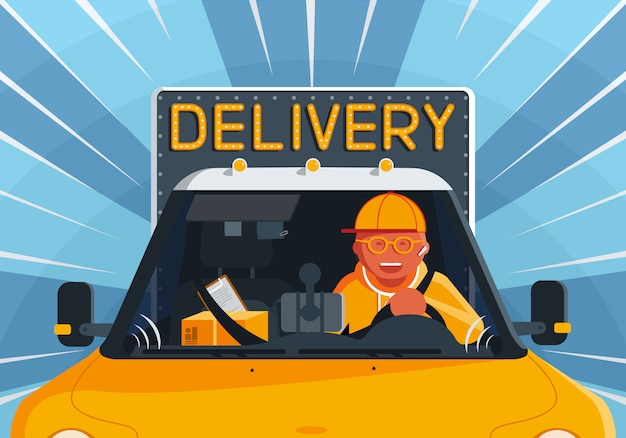 Vector illustration on the theme of delivery service with happy courier man driving a truck.