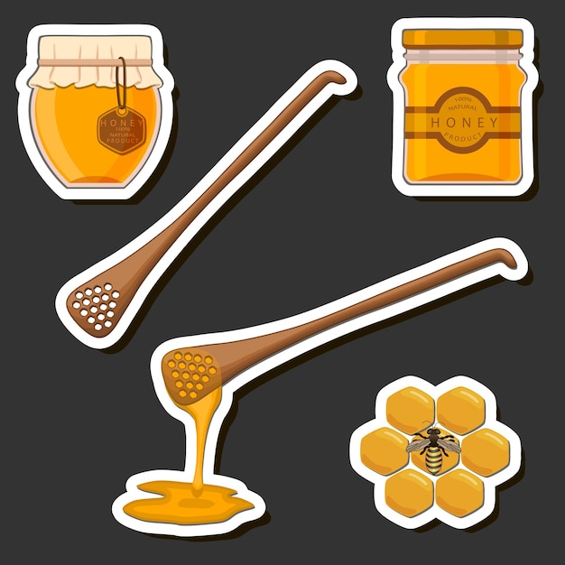 Vector illustration on theme sugary flowing down honey in honeycomb with bee