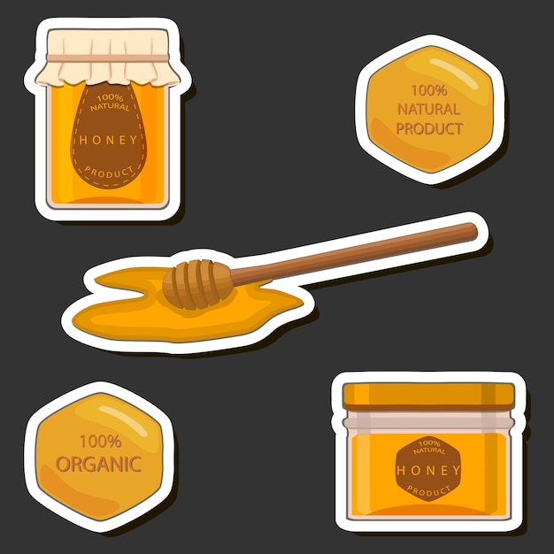 Illustration on theme sugary flowing down honey in honeycomb with bee