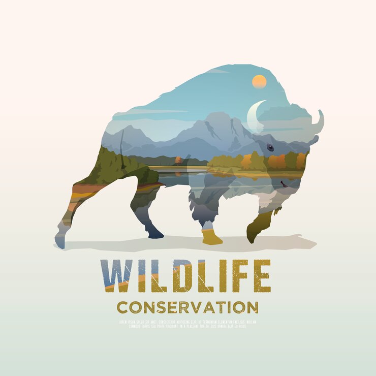 Vector  illustration on the themes of wild animals of america, survival in the wild, hunting, camping, trip. mountain landscape. buffalo.