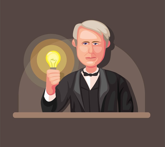 Vettore illustrazione di thomas alva edison inventore del concetto di lampadina e generatore di energia elettrica nell'illustrazione del fumetto