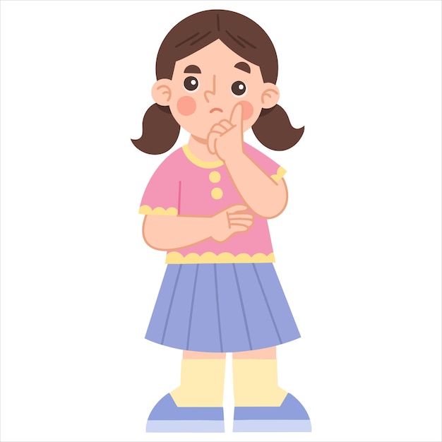 Illustration of Thoughtful Girl with Pigtails
