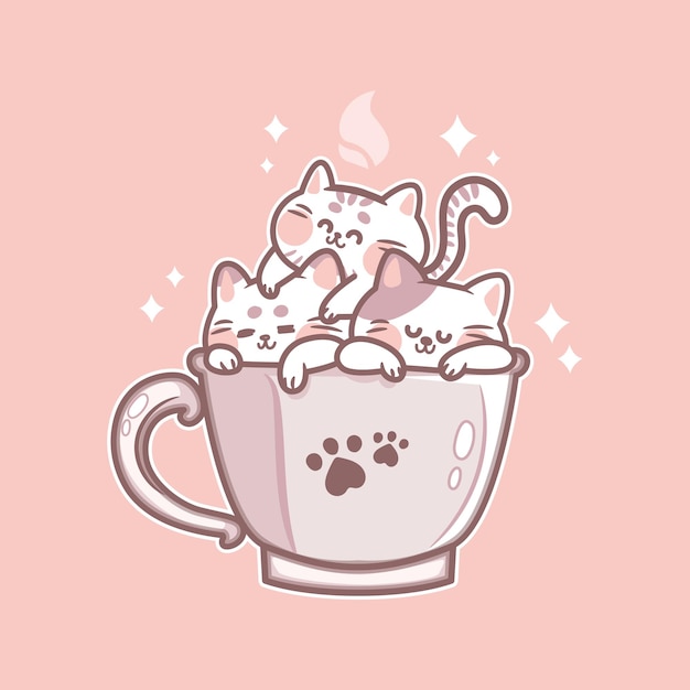 커피 한 잔 안에 있는 사랑스러운 새끼 고양이 세 마리의 그림