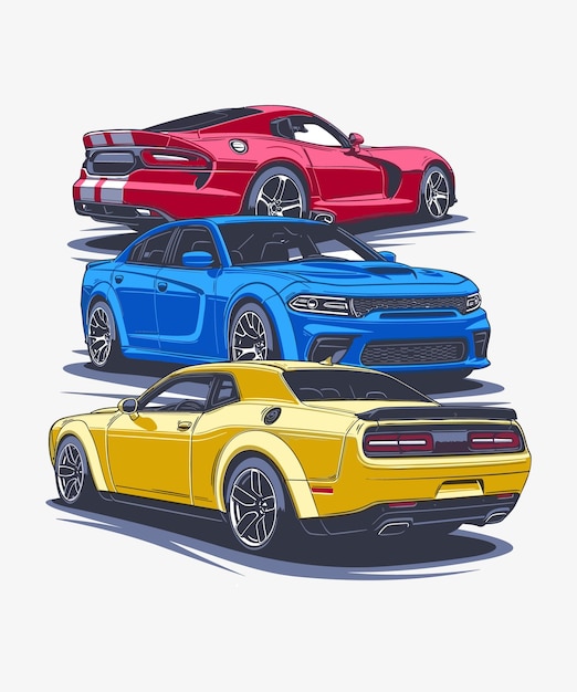 Vettore illustrazione di tre muscle car americane ognuna con un colore diverso