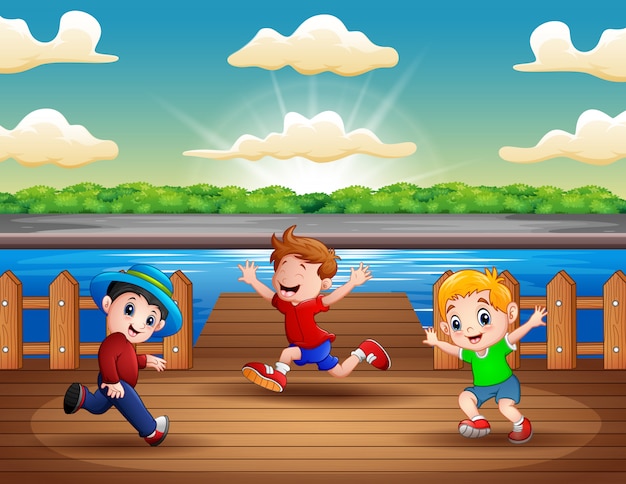 Illustration of three boys running at the port