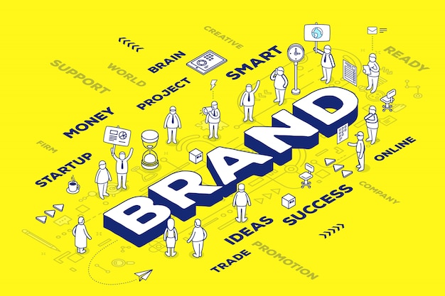 Illustration of three dimensional word brand with people and tags on yellow background with scheme. branding  technology concept.