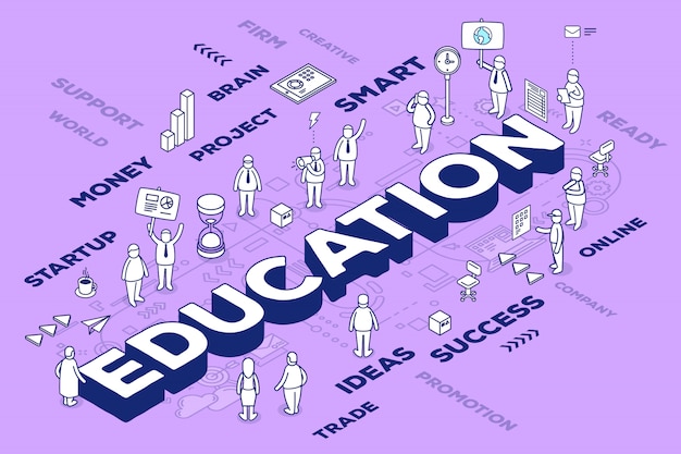 Illustration of three dimensional word education with people and tags on purple background with scheme. knowledge concept.