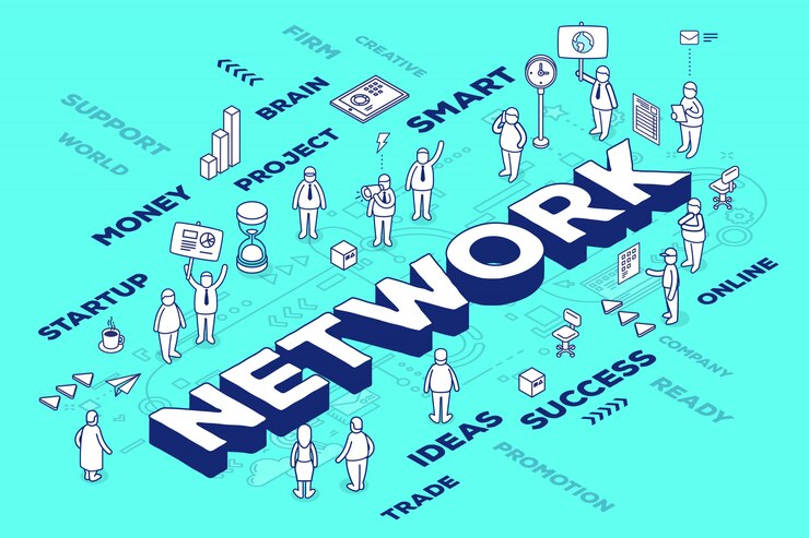 Vector  illustration of three dimensional word network with people and tags on blue background with scheme.