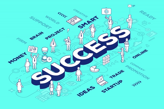  illustration of three dimensional word success with people and tags on blue background with scheme. Business success concept.