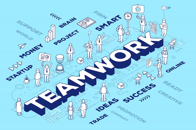 Illustration of three dimensional word teamwork with people and tags on blue background with scheme. business teamwork concept.